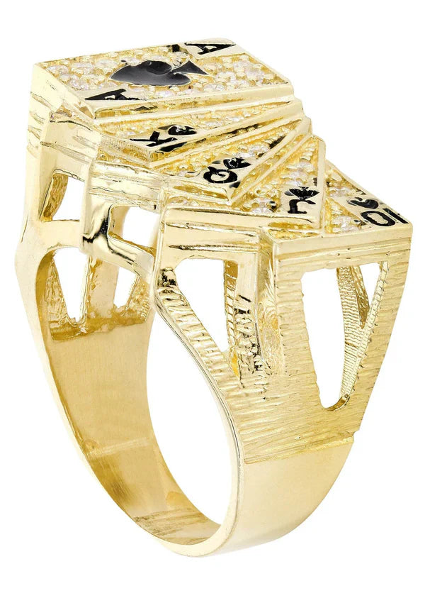 Mens Gold Cards Pinky Ring | 10K Solid Yellow Gold