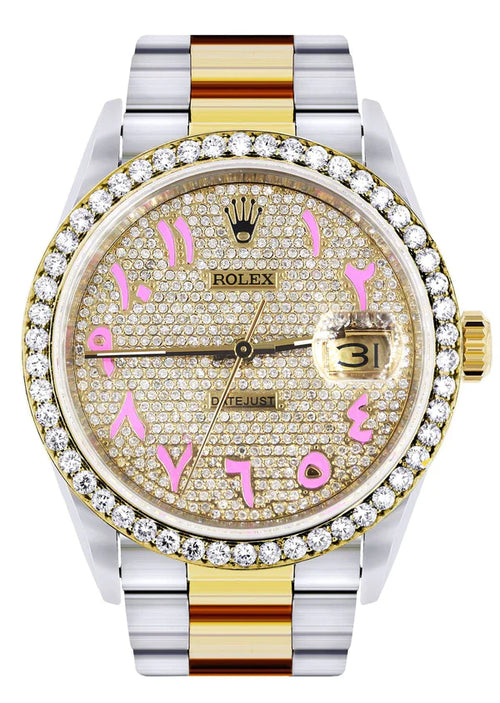 Diamond Gold Rolex Datejust Watch 16233 | 36MM | Pink Arabic Full Diamond Dial | Stainless Steel | Oyster Band