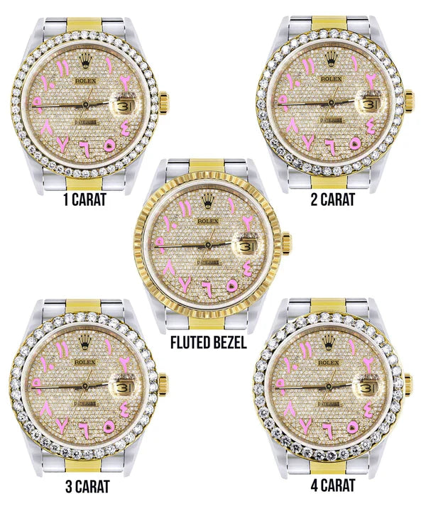 Diamond Gold Rolex Datejust Watch 16233 | 36MM | Pink Arabic Full Diamond Dial | Stainless Steel | Oyster Band