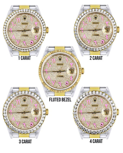 Diamond Gold Rolex Datejust Watch 16233 | 36MM | Pink Arabic Full Diamond Dial | Stainless Steel | Oyster Band