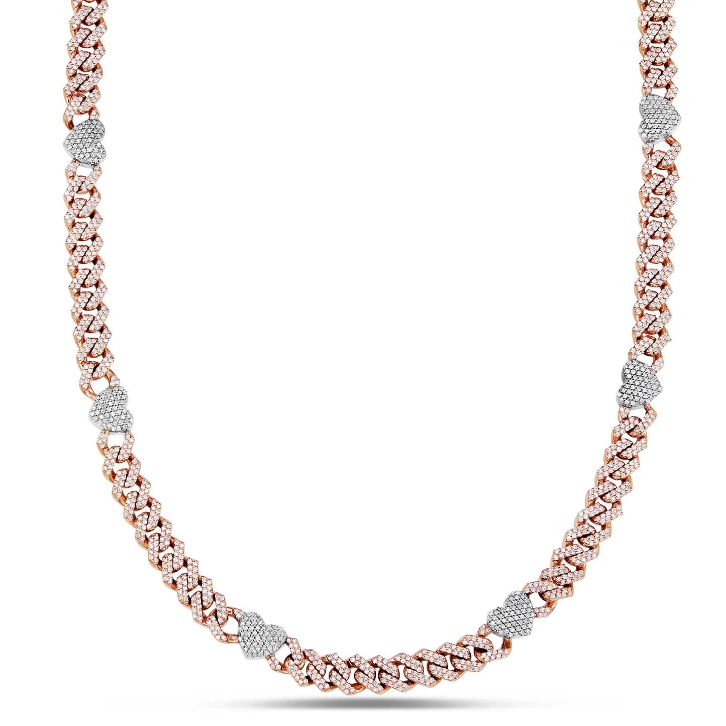 Diamond Cuban Chain with Heart Motif | 14K GOLD 4.21CTW | 4MM | 3 Color Options Available | Two Tone Available
